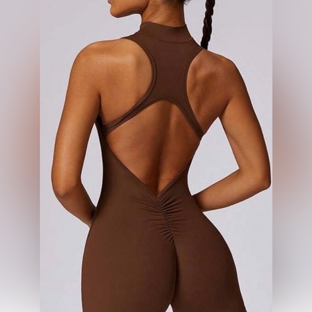 Backless Brown Jumpsuit with zipper tummy Control and Scrunch butt size L